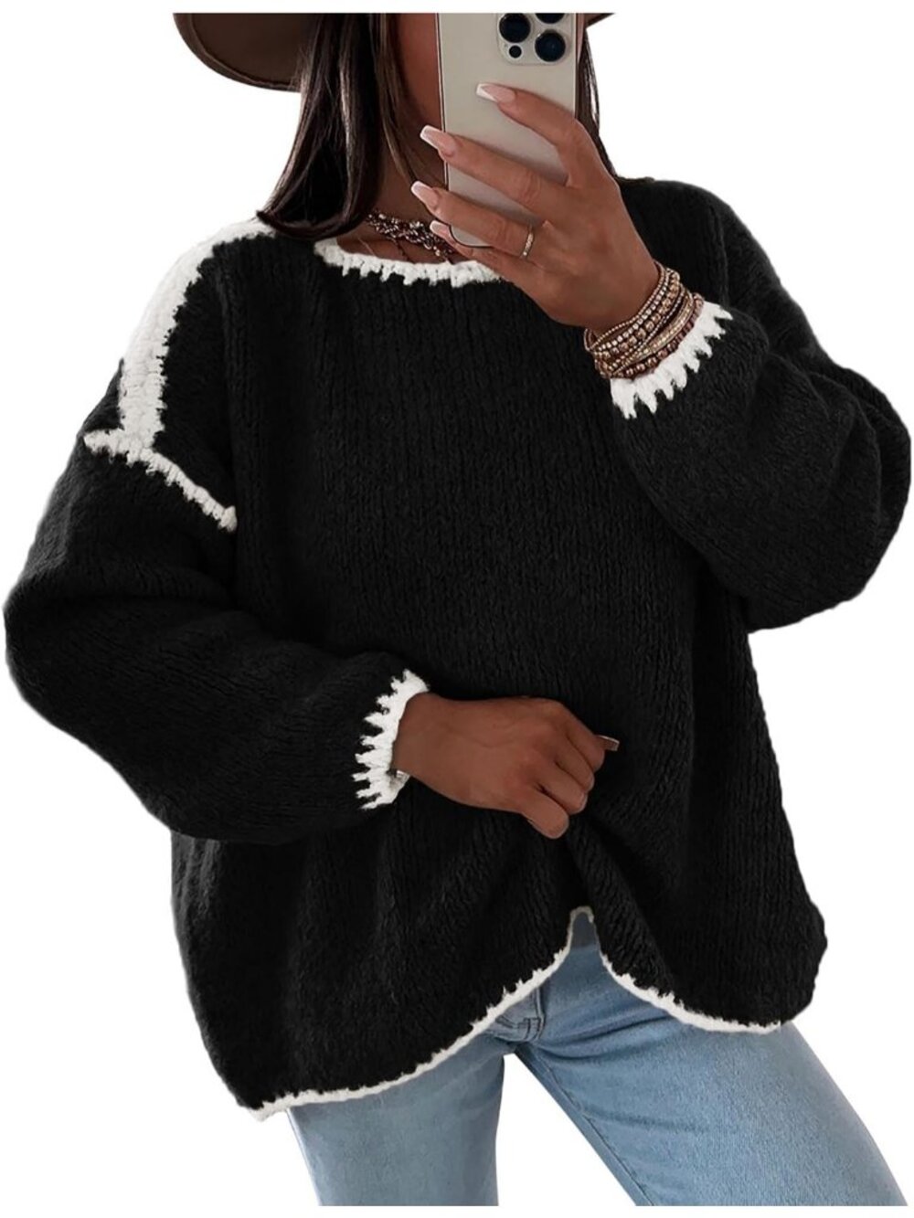 Women's Black Long Sleeve Crew Neck Casual Loose Cute Cozy Chunky Knit Sweaters